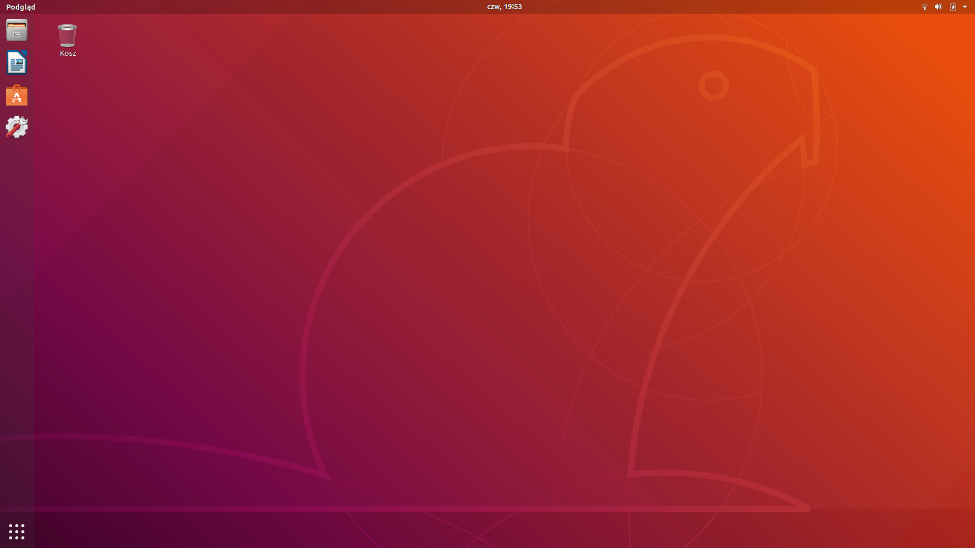 Obrazek przedstawia ekran Linux Ubuntu na zaraz po zainstalowaniu systemu